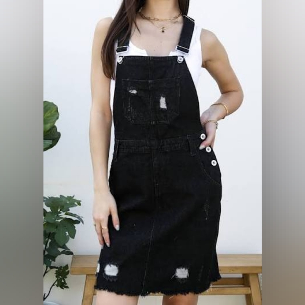 Denim Overall Dress with Distressing